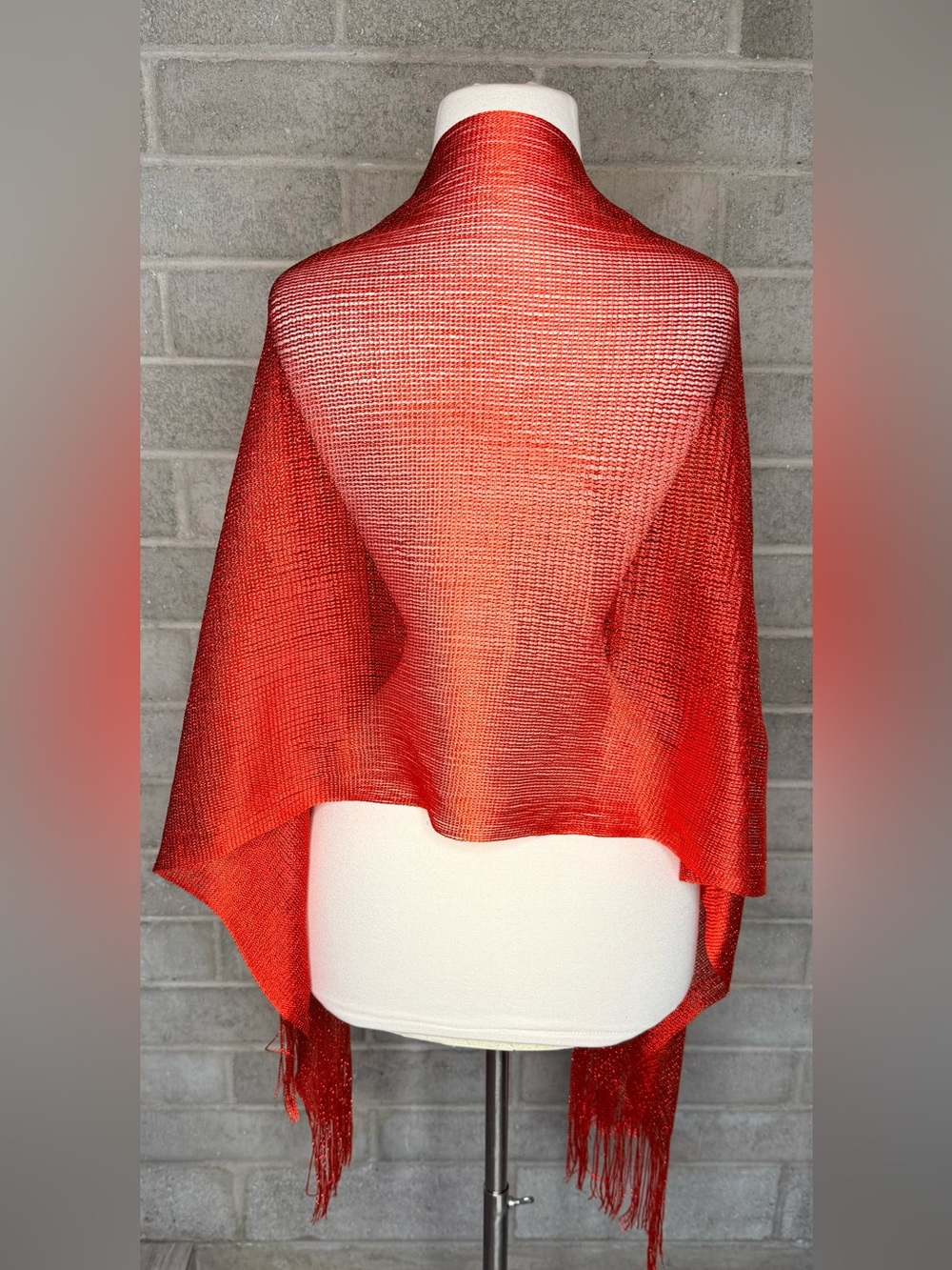 Metallic Red Shimmer Evening Wrap Shawl Open Weave Fringe Formal Holiday